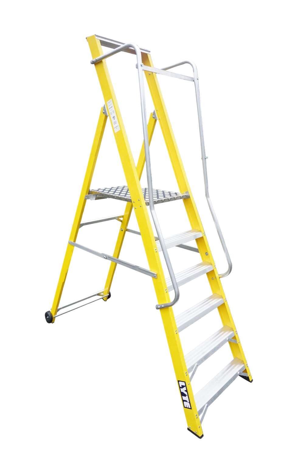A yellow ladder with a metal railing on a white background.