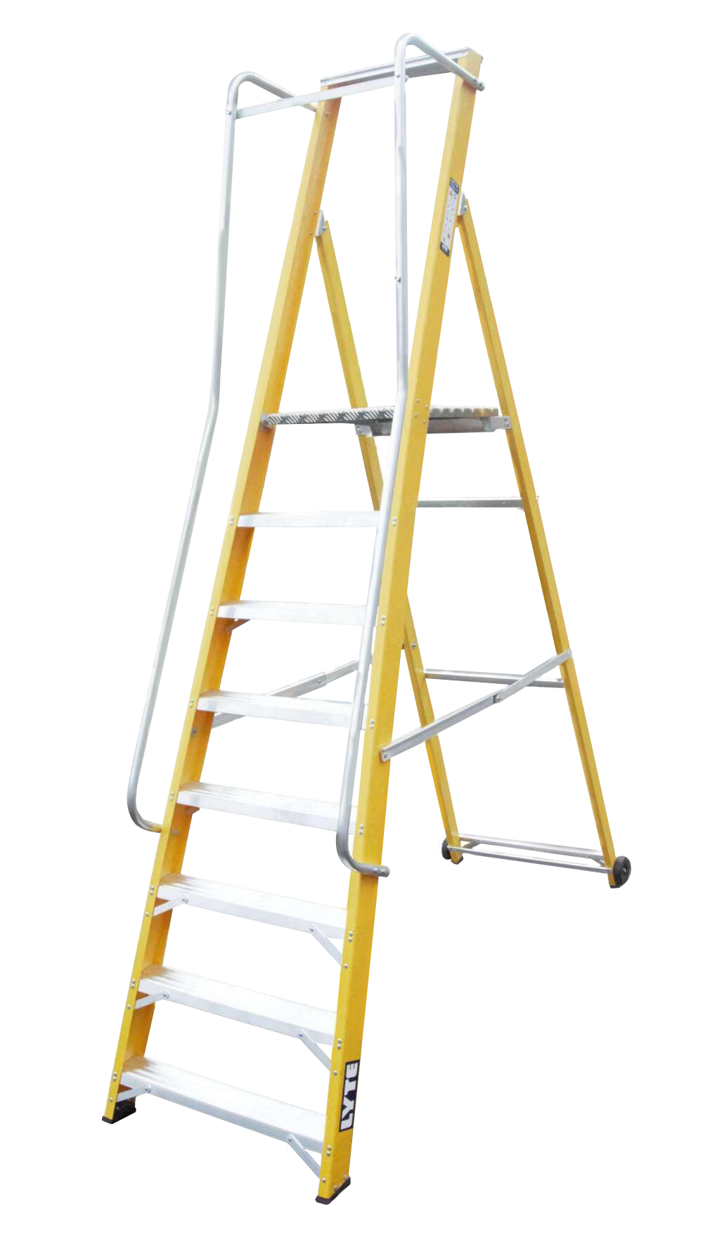 A yellow ladder with a metal railing on a white background.