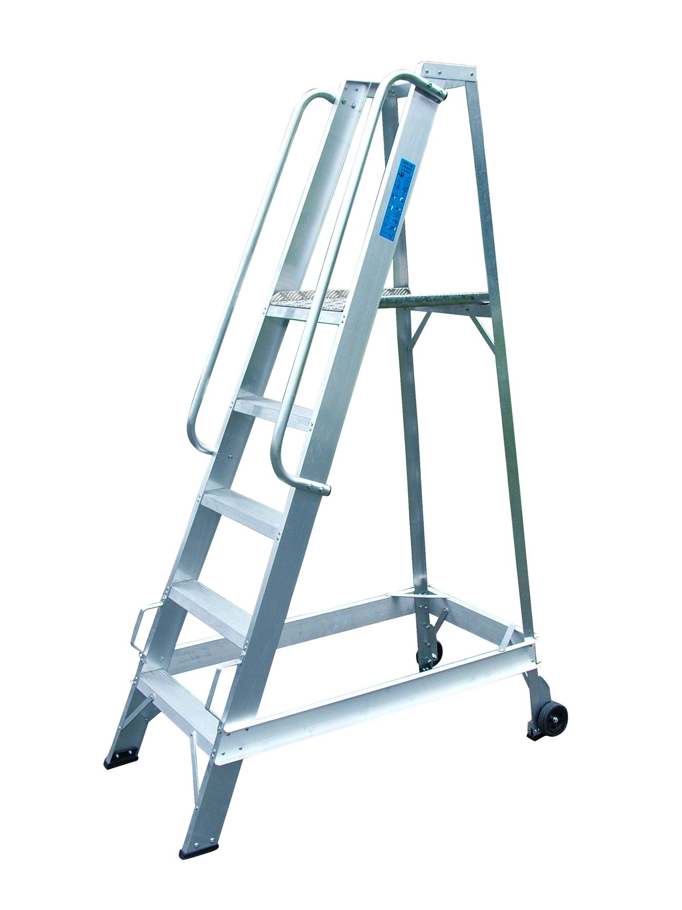 A ladder with wheels and handles on a white background.