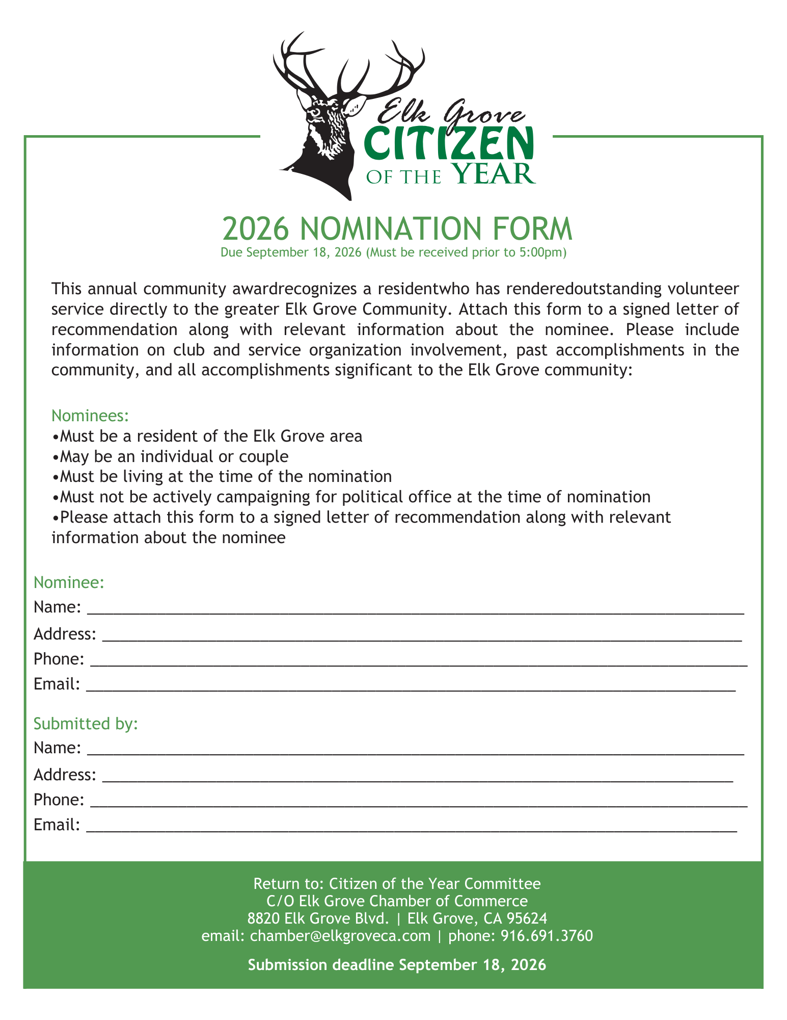 Nomination form for Elk Grove Citizen of the Year 2025.