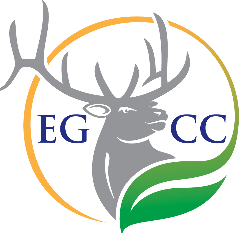 Grey elk silhouette with antlers inside a gold and green circular logo with