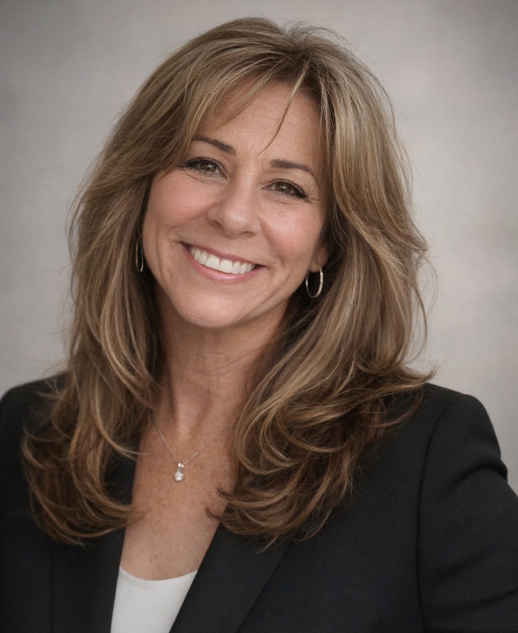 A woman wearing a black polka dot shirt and a necklace is smiling for the camera.