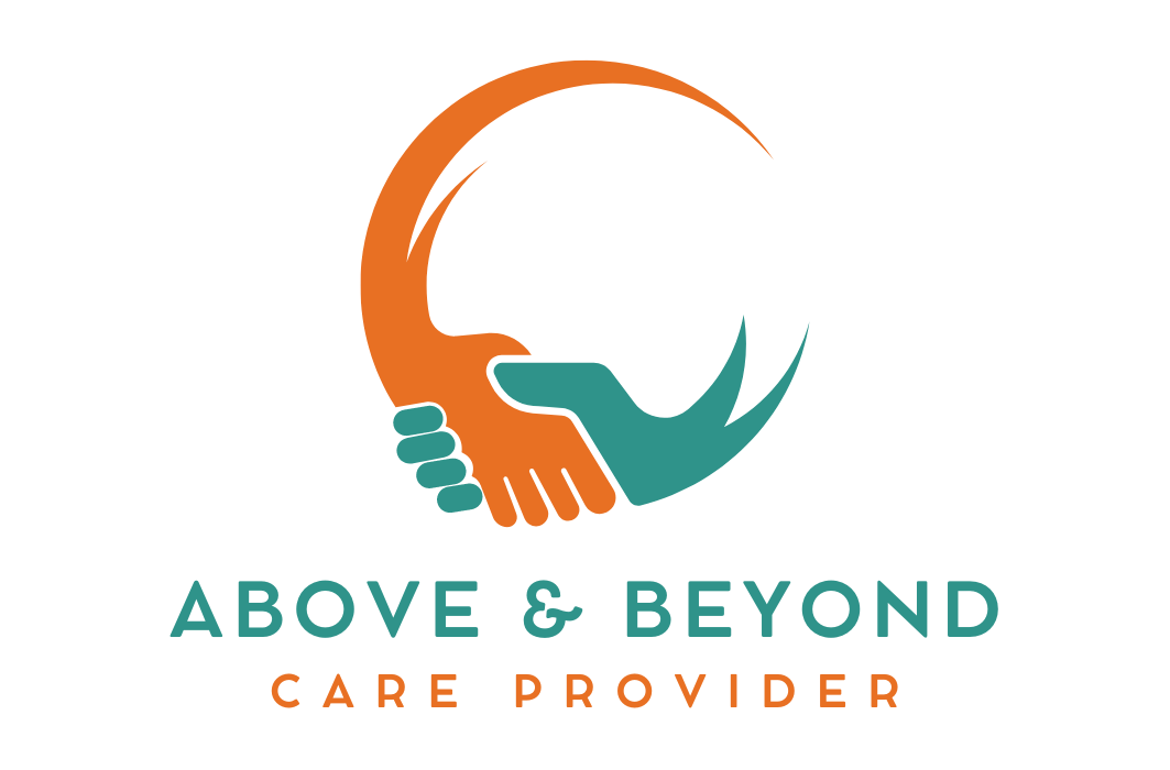 A logo for above and beyond care provider with two hands shaking