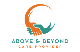 A logo for above and beyond care provider with two hands shaking