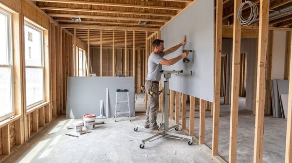 Man installing drywall onto wall studs.
