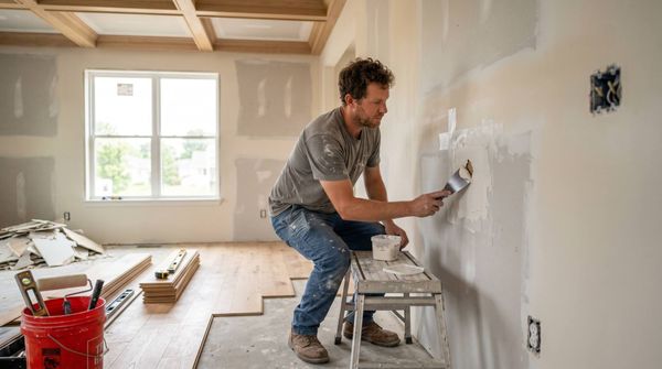 Man patching up drywall.