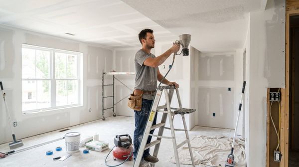 Man finishing and texturing drywall.