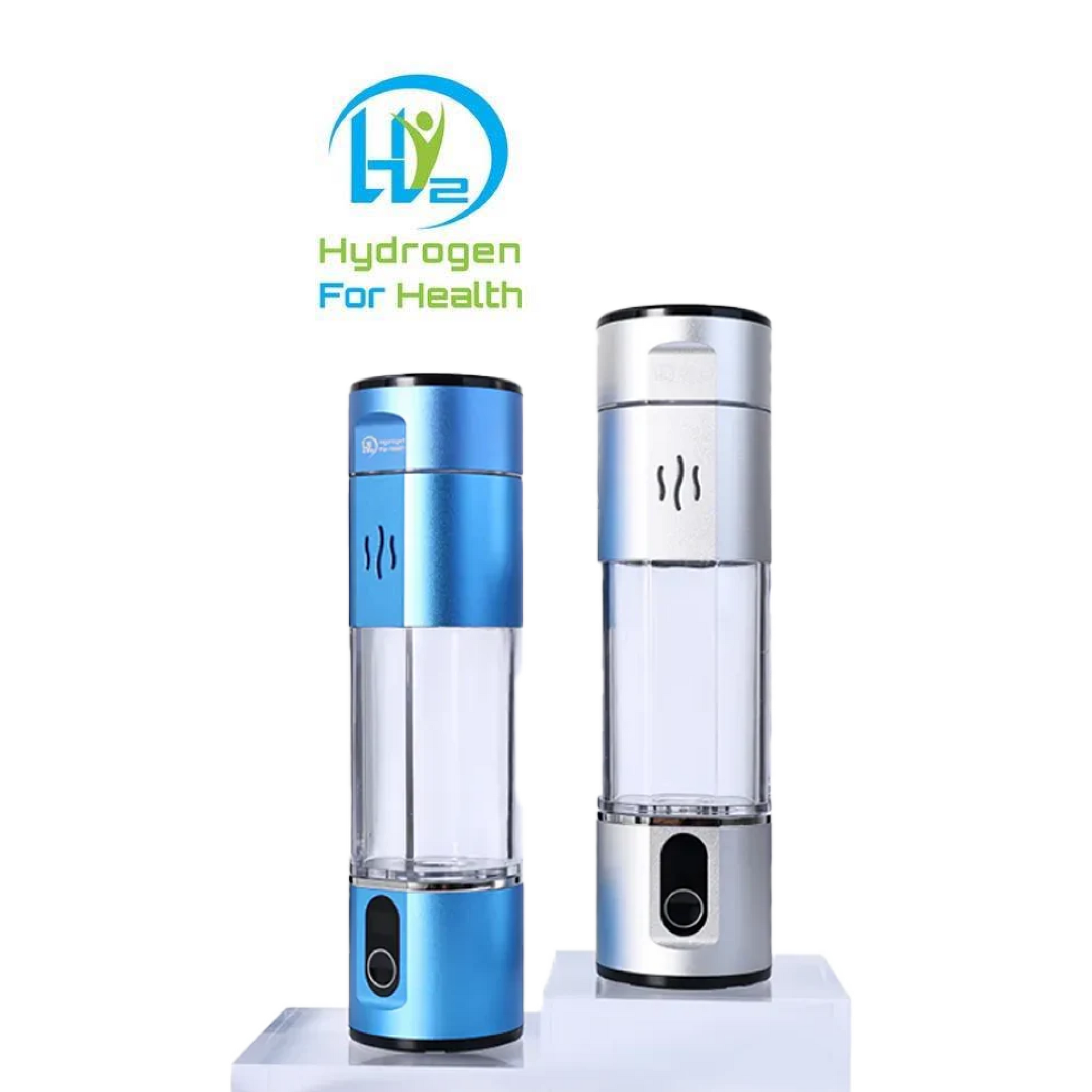 Two Hydrogen For Health water bottles, blue and silver, displayed on a white background