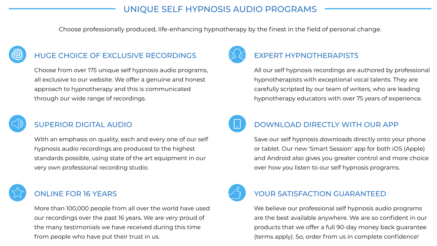 A white page with blue circles on it that says `` unique self hypnosis audio programs ''.