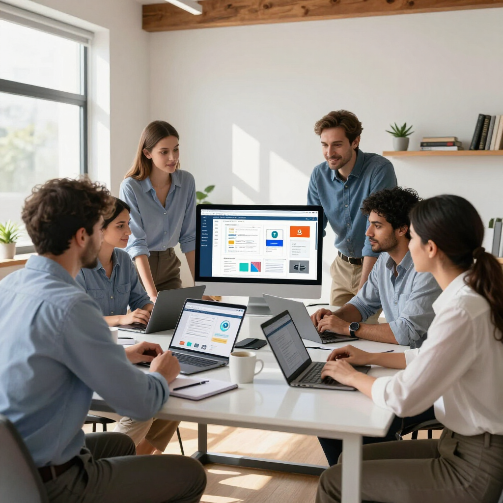 Small business team reviewing website design and digital strategy