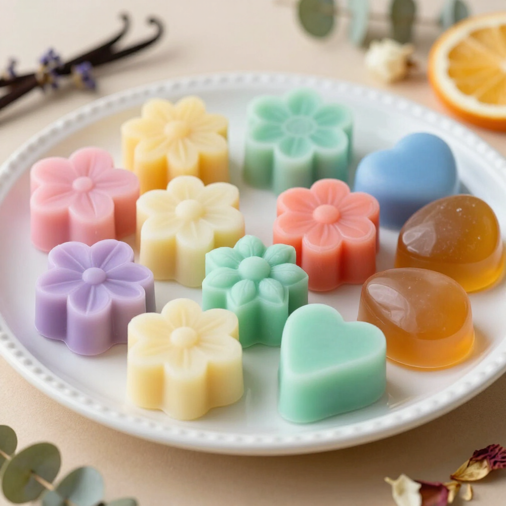 Op een wit bord liggen pastelkleurige, bloem- en hartvormige geurblokjes, omringd door vanillestokjes en sinaasappelschijfjes.