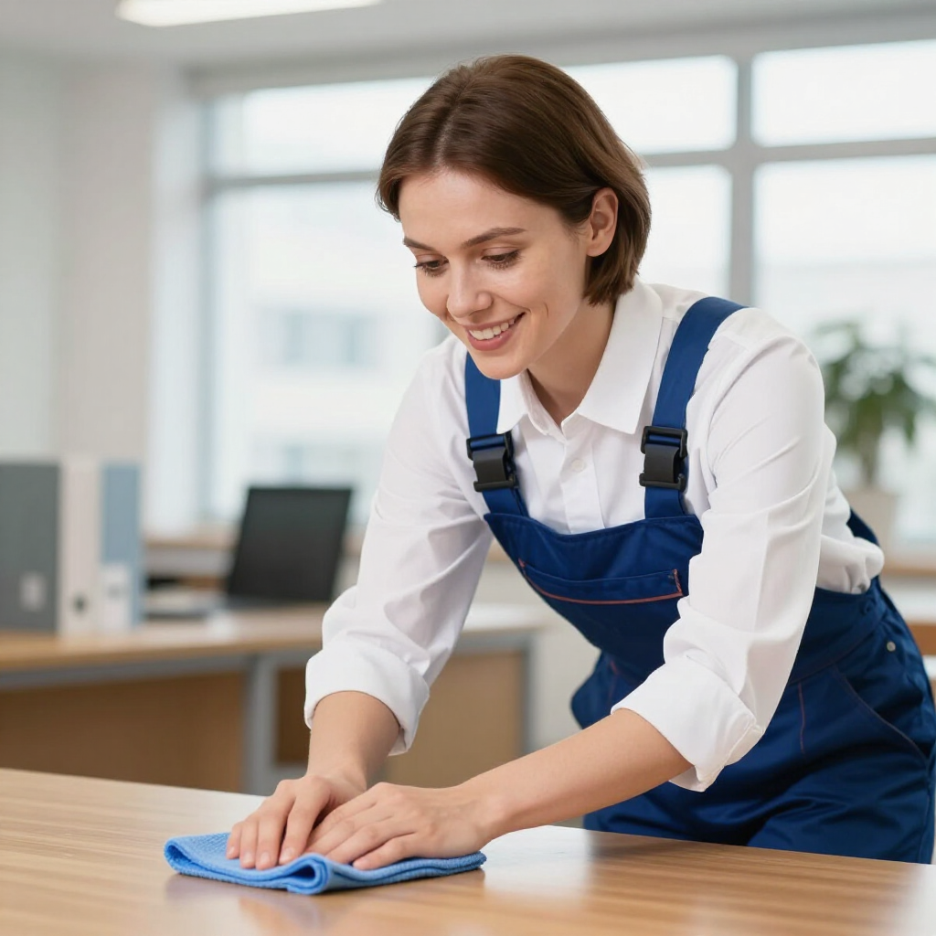 Cleaning staff wiping a wooden table with a blue cloth in a bright office
