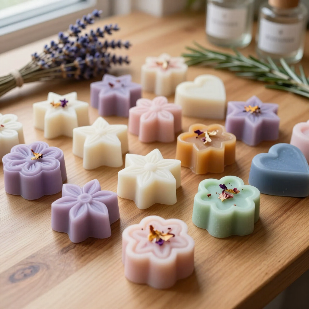 Decoratieve geurblokjes in pastelkleuren en bloem-, ster- en hartvormen, uitgestald op een houten tafel met lavendel.
