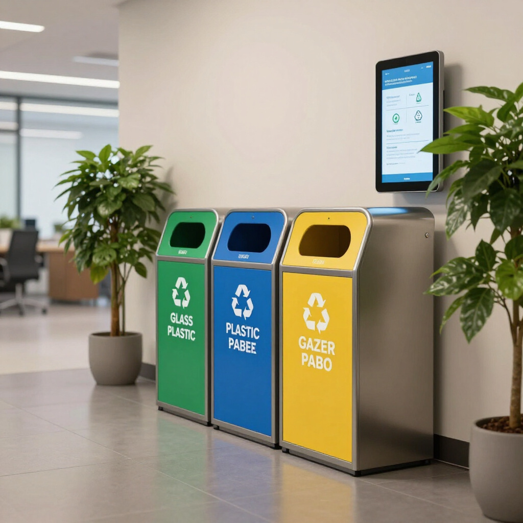 Color-coded recycling bins in an office hallway with a digital display above them.