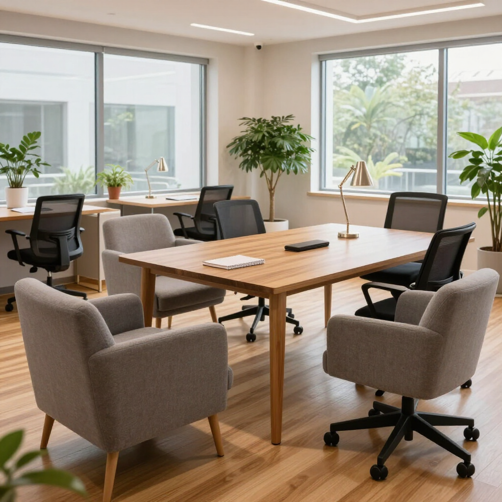 Modern conference room with wooden table, gray chairs, laptops, and large windows with plants