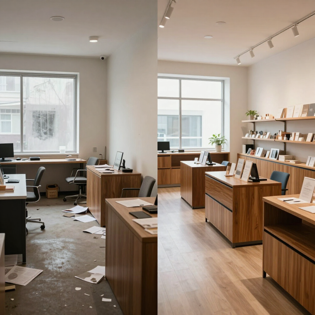 Messy modern office with wooden desks, scattered papers, and large windows