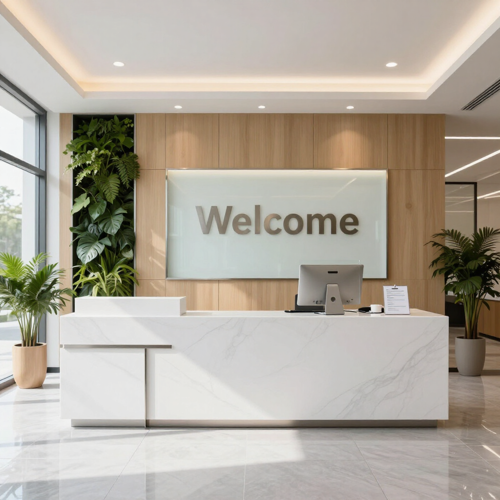 Modern hotel reception desk with a white marble front, &ldquo;Welcome&rdquo; sign, and indoor plants