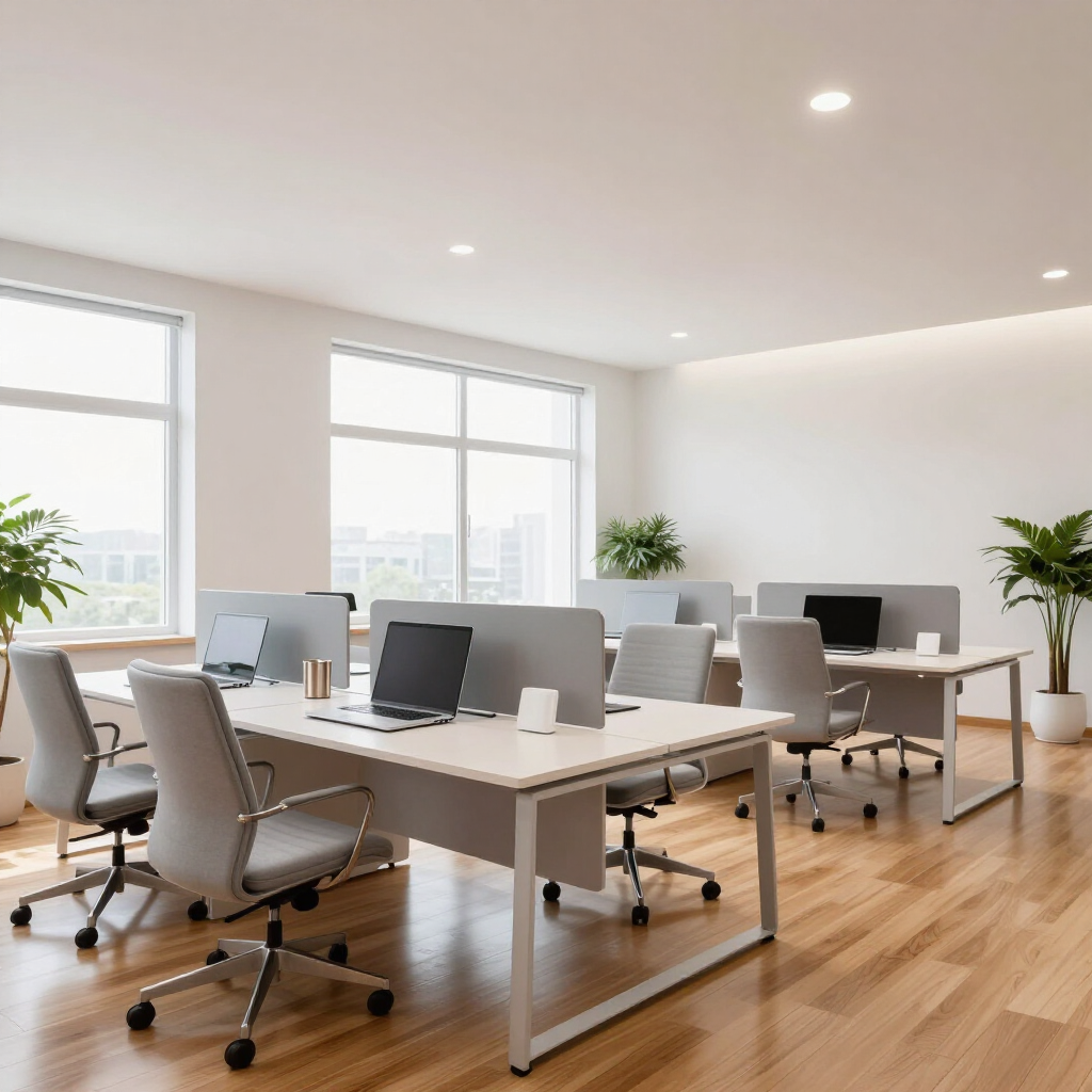 Bright modern office with white desks, rolling chairs, laptops, and sunlight through large windows