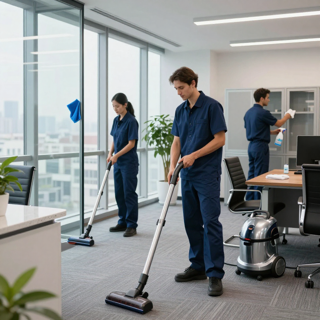 Office cleaners mopping a bright modern workspace with desks, windows, and a vacuum nearby