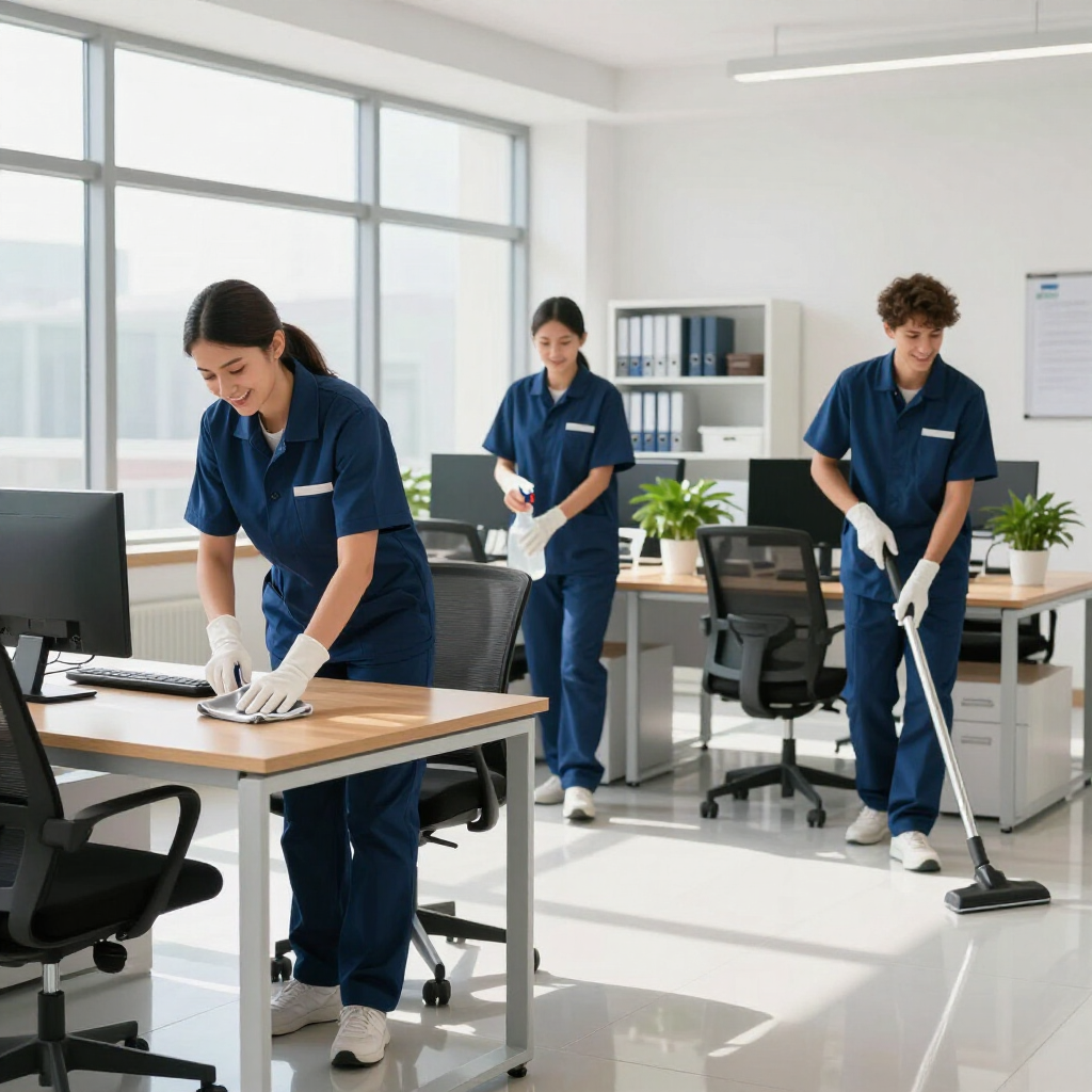 Office cleaners in navy uniforms cleaning desks and vacuuming a bright modern office