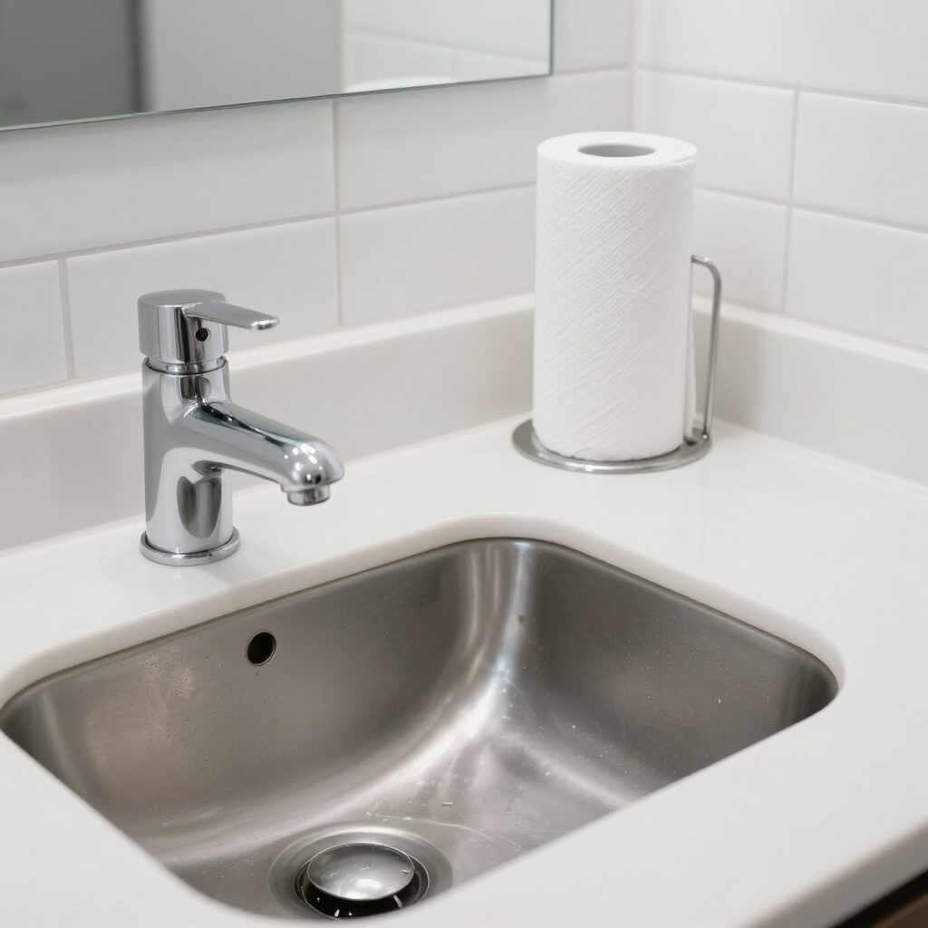 Stainless steel bathroom sink with chrome faucet and paper towel roll on a white countertop.