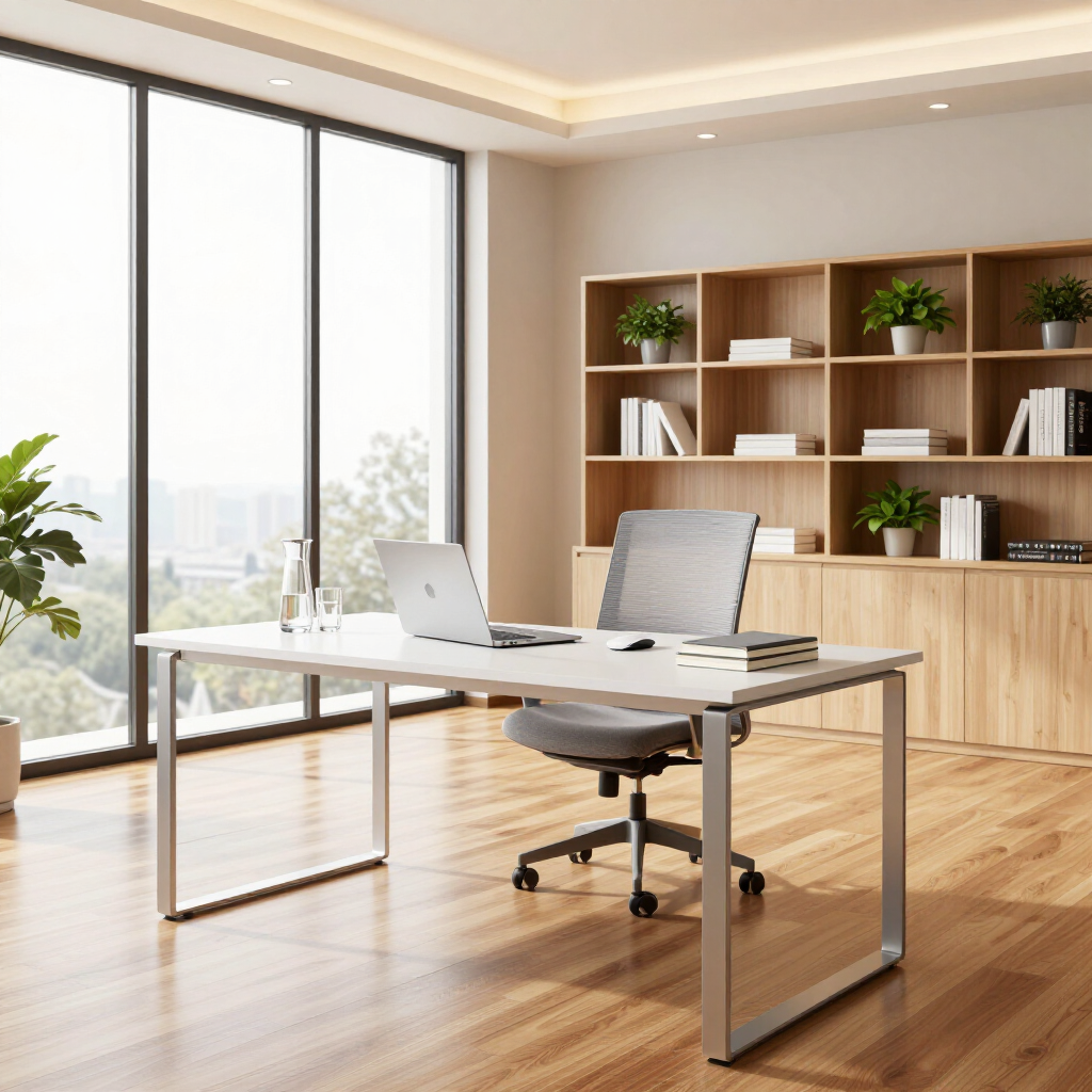 Bright modern home office with a glass desk, laptop, chair, bookshelves, and large windows overlooking greenery