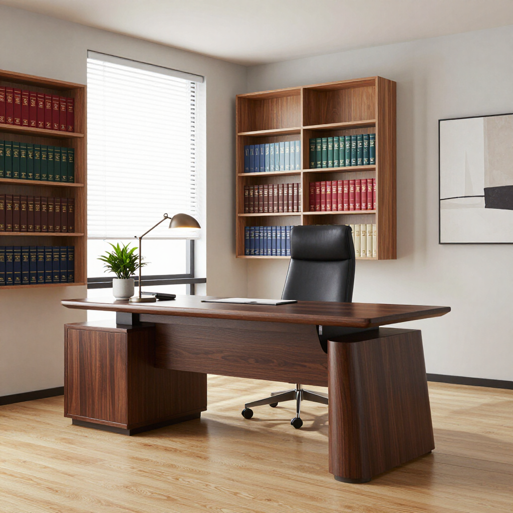Uma moderna mesa de escrit&oacute;rio executiva em madeira escura e uma cadeira de escrit&oacute;rio em uma sala com estantes embutidas e uma janela.