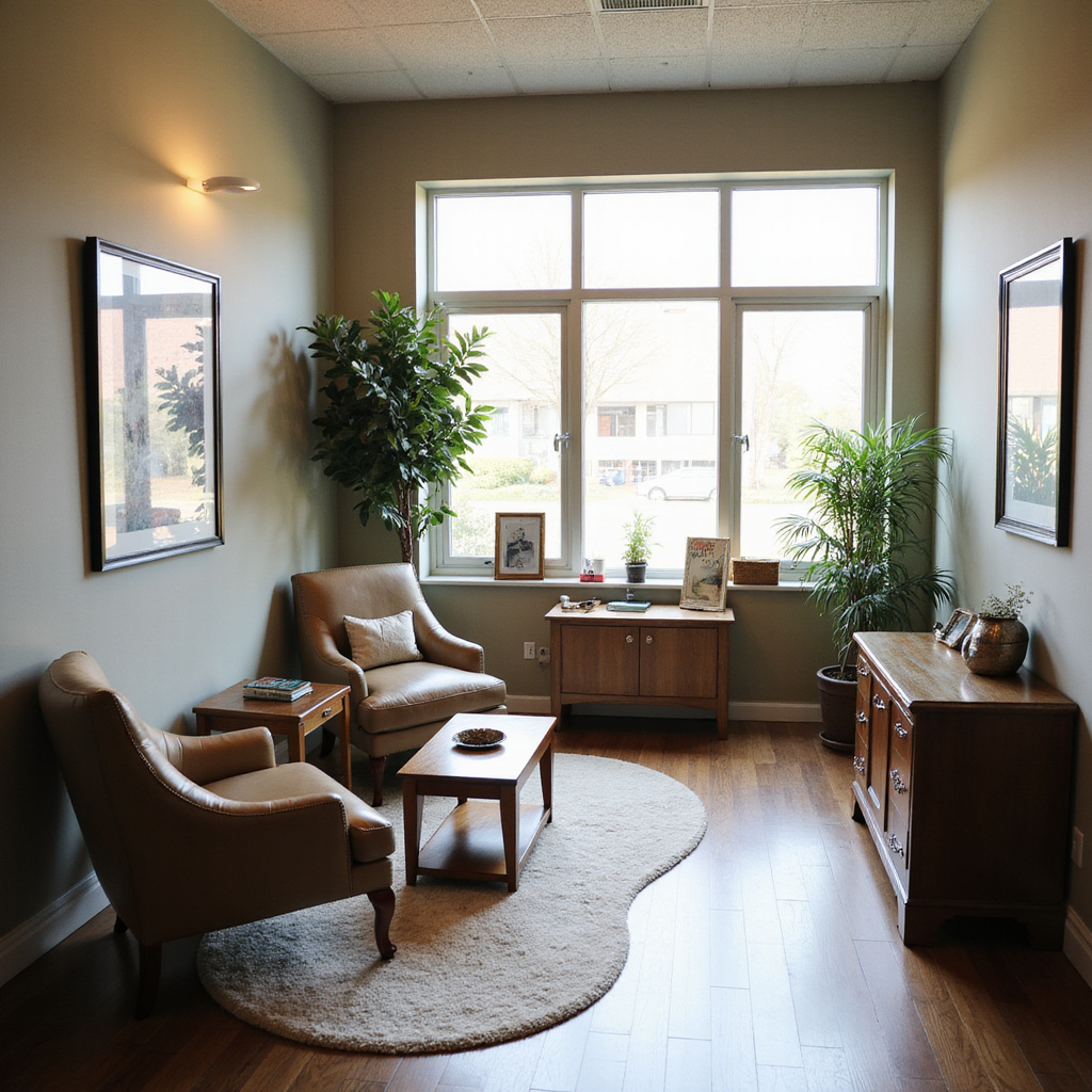 Gezellige wachtkamer met fauteuils, een vloerkleed, houten meubels, planten en een raam.
