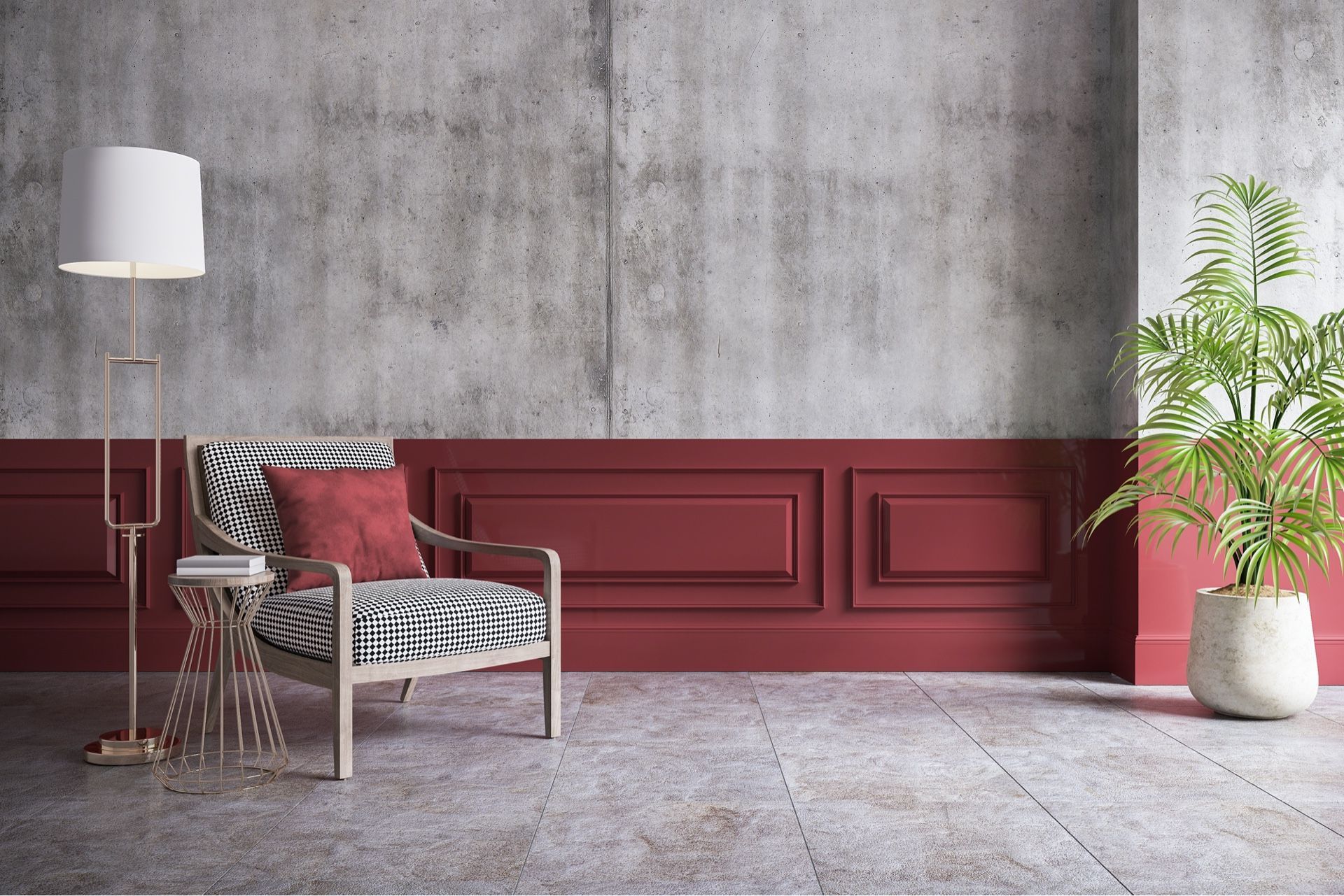 Un salon avec des murs rouges, une chaise, une lampe et une plante en pot.