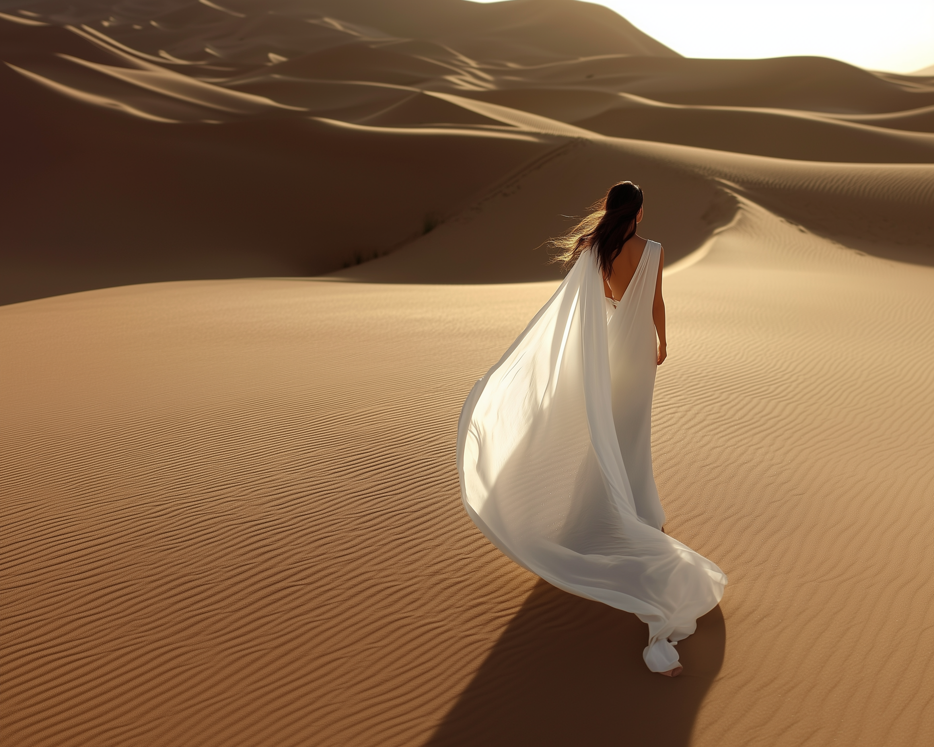 Person in einem fließenden weißen Kleid, die über sonnenbeschienene Wüstendünen geht
