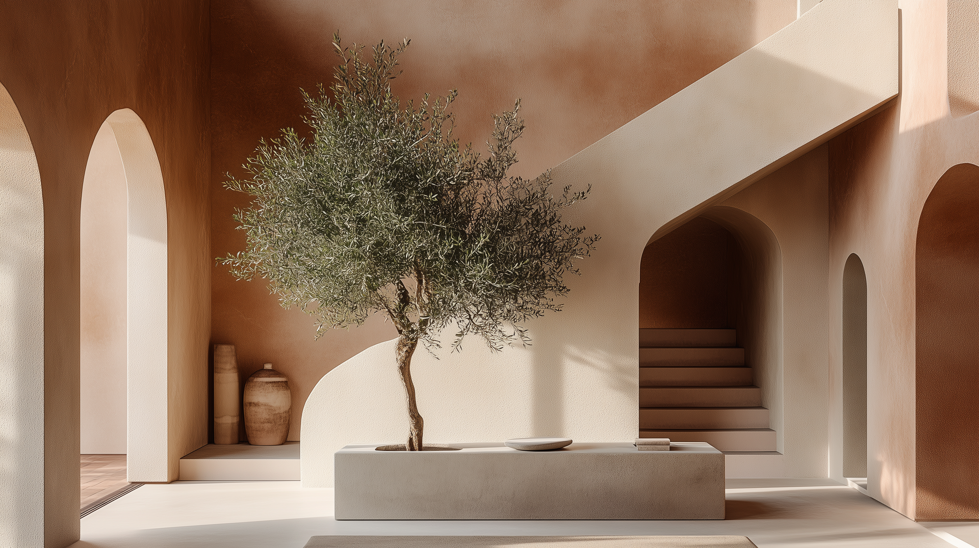 Minimalistischer Innenhof mit Bogenwänden, zentralem Baum in einem Steinkübel und sanfter, warmer Beleuchtung