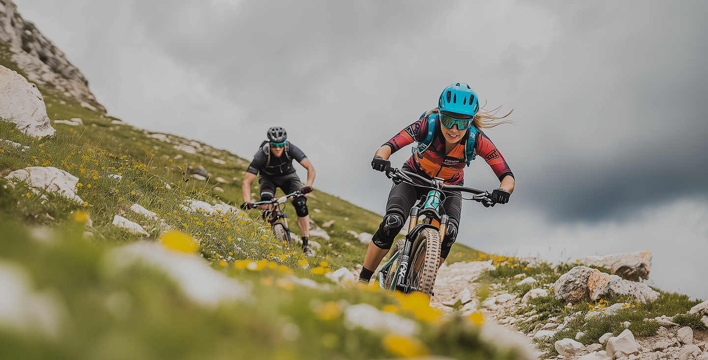 Twee mountainbikers rijden onder een bewolkte hemel een rotsachtig bergpad af.