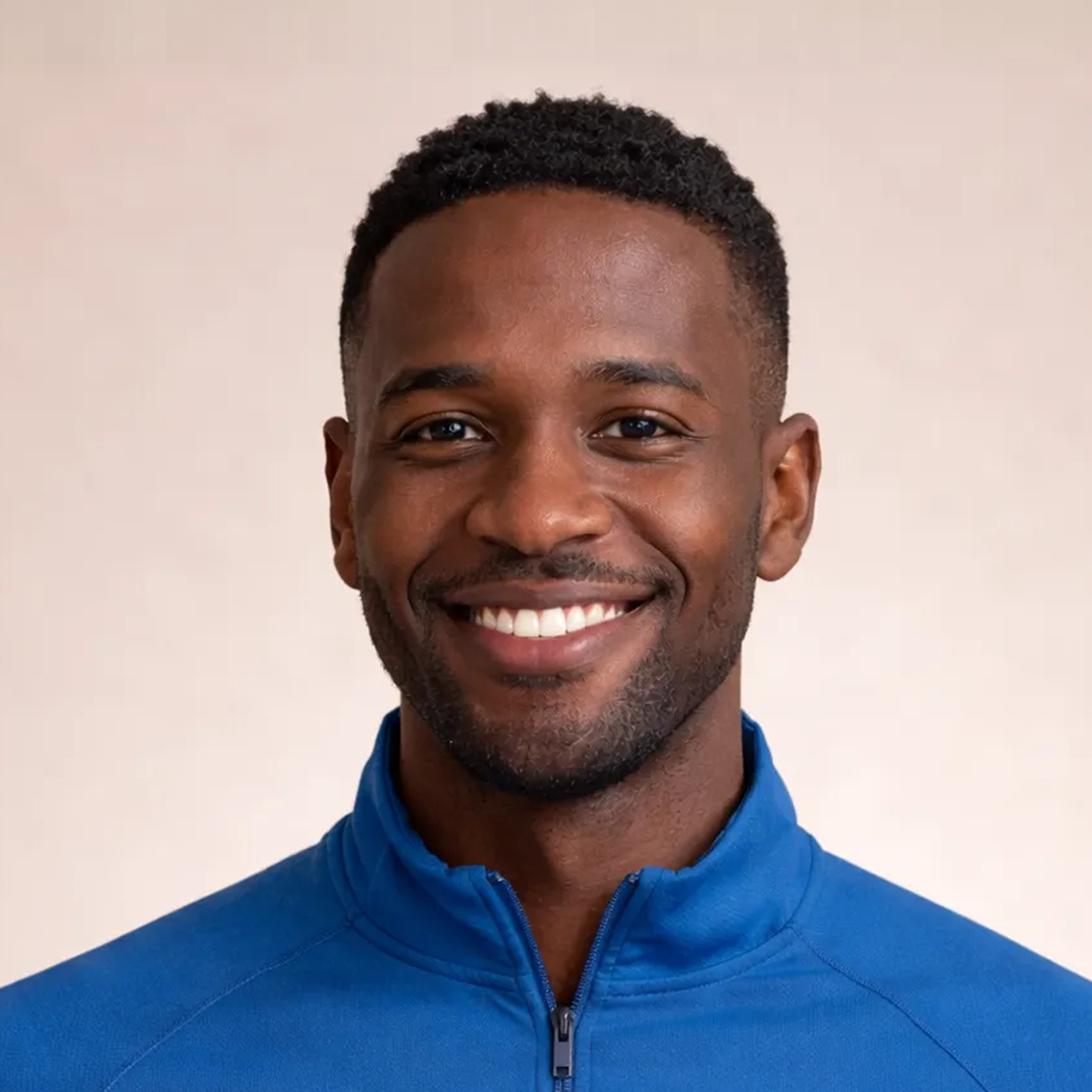Smiling man in a blue zip-up shirt against a light background