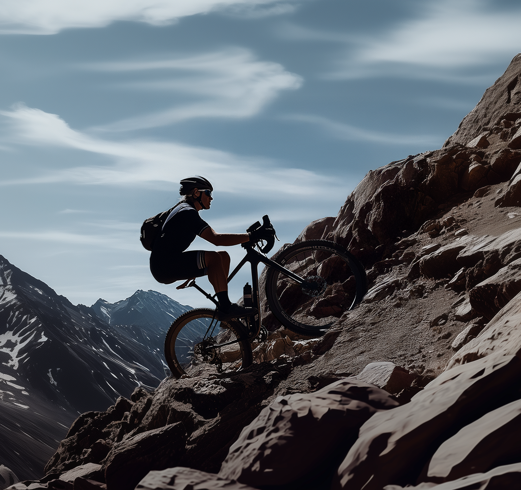 Een mountainbiker beklimt een rotsachtig pad bij zonsondergang, met besneeuwde bergtoppen op de achtergrond.