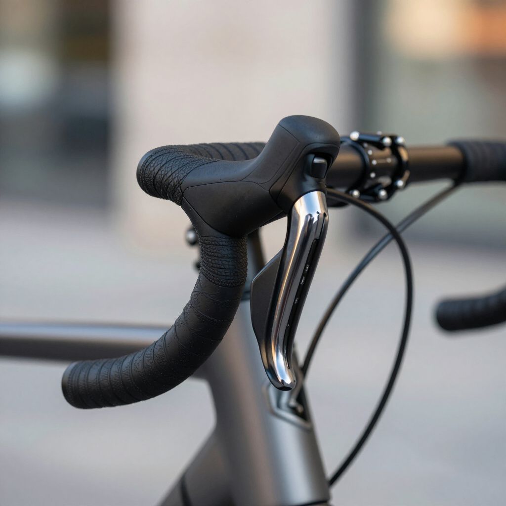 Close-up van het zwarte racestuur en de chromen stuurpen van een fiets tegen een wazige achtergrond.