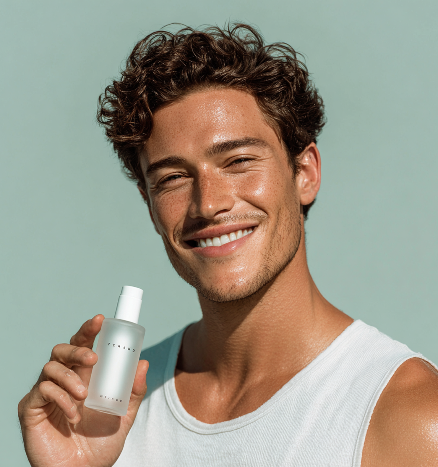 Smiling man holding a clear skincare bottle against a pale green background