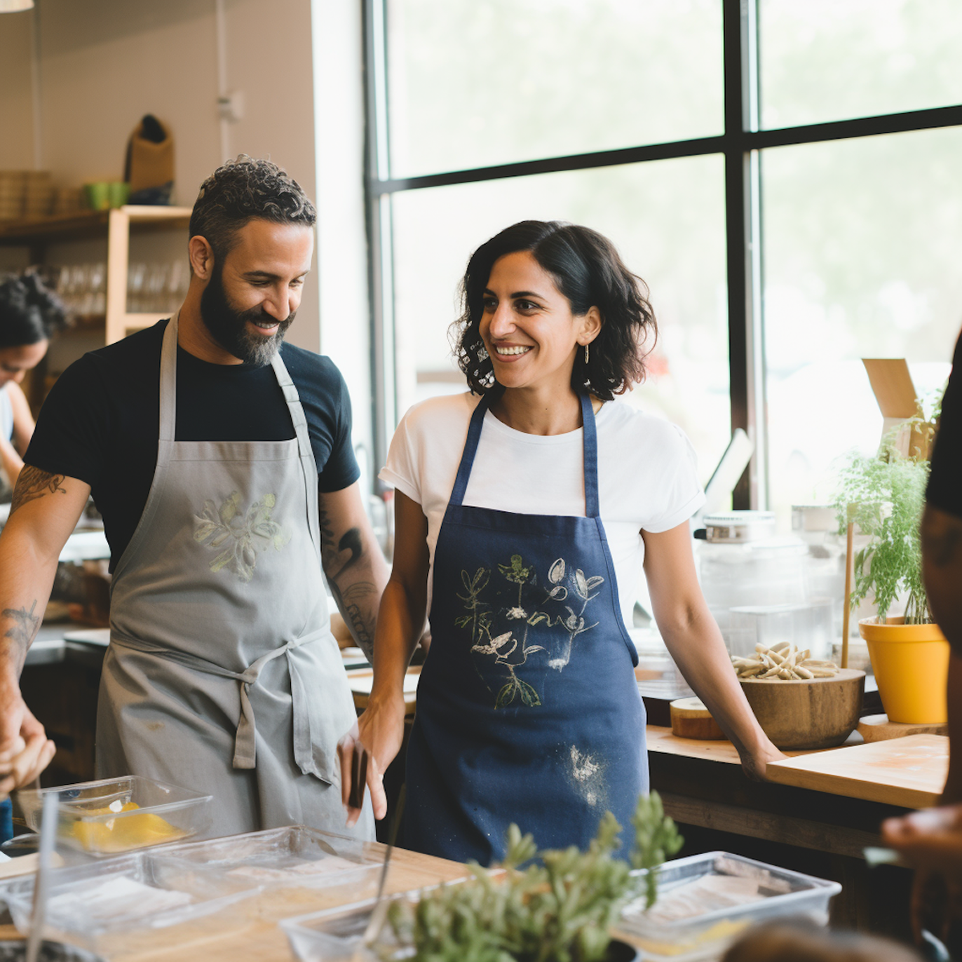 Two people in aprons smiling in a bright kitchen while preparing food.
