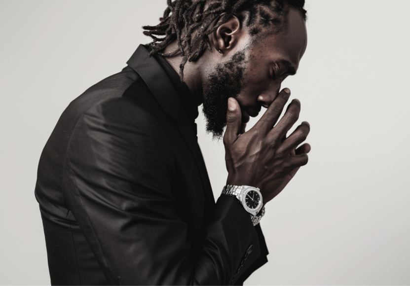 A man with dreadlocks is wearing a black suit and a watch