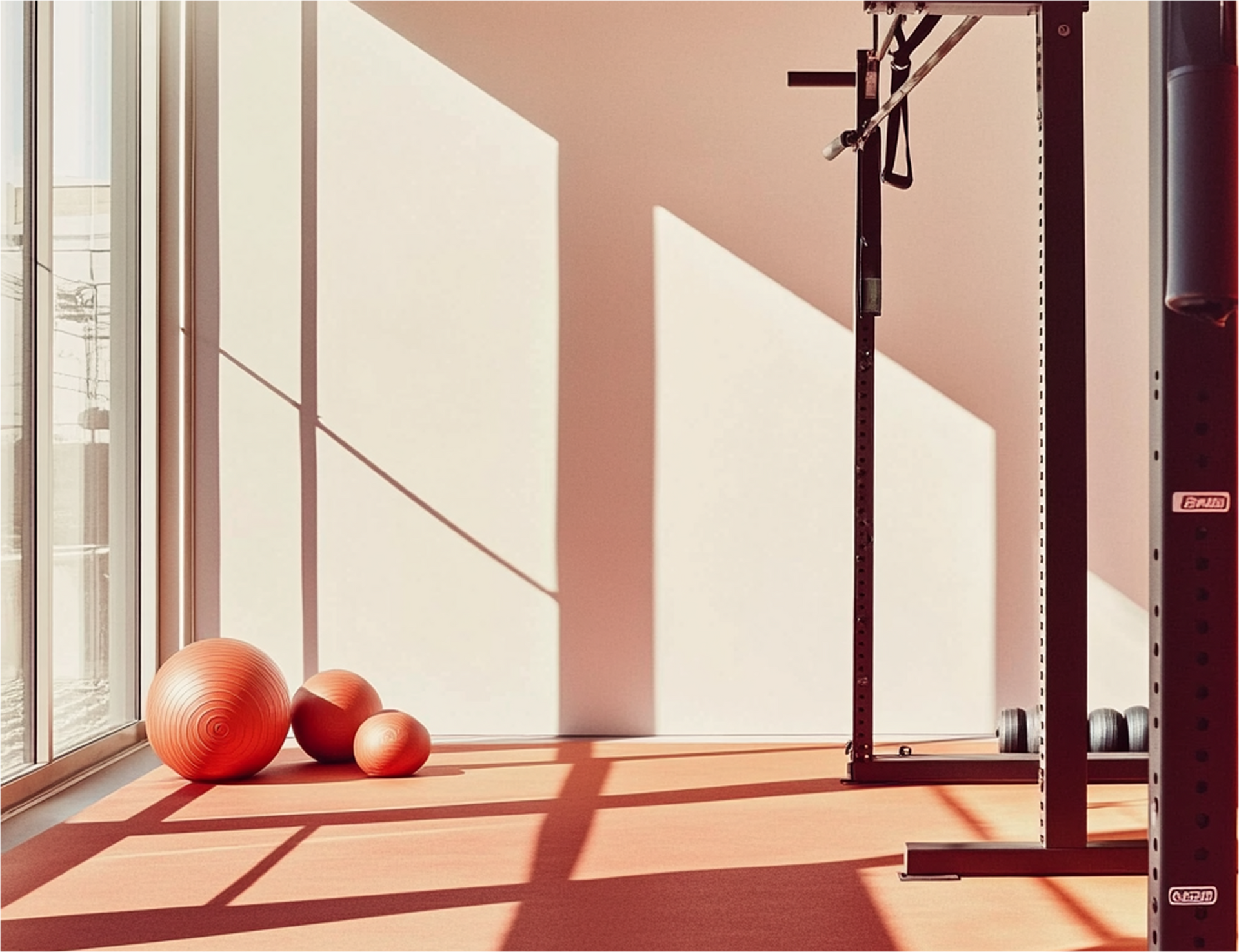 Interieur van een sportschool met een rode vloer, ballen, gewichtenrek en schaduwen van zonlicht.