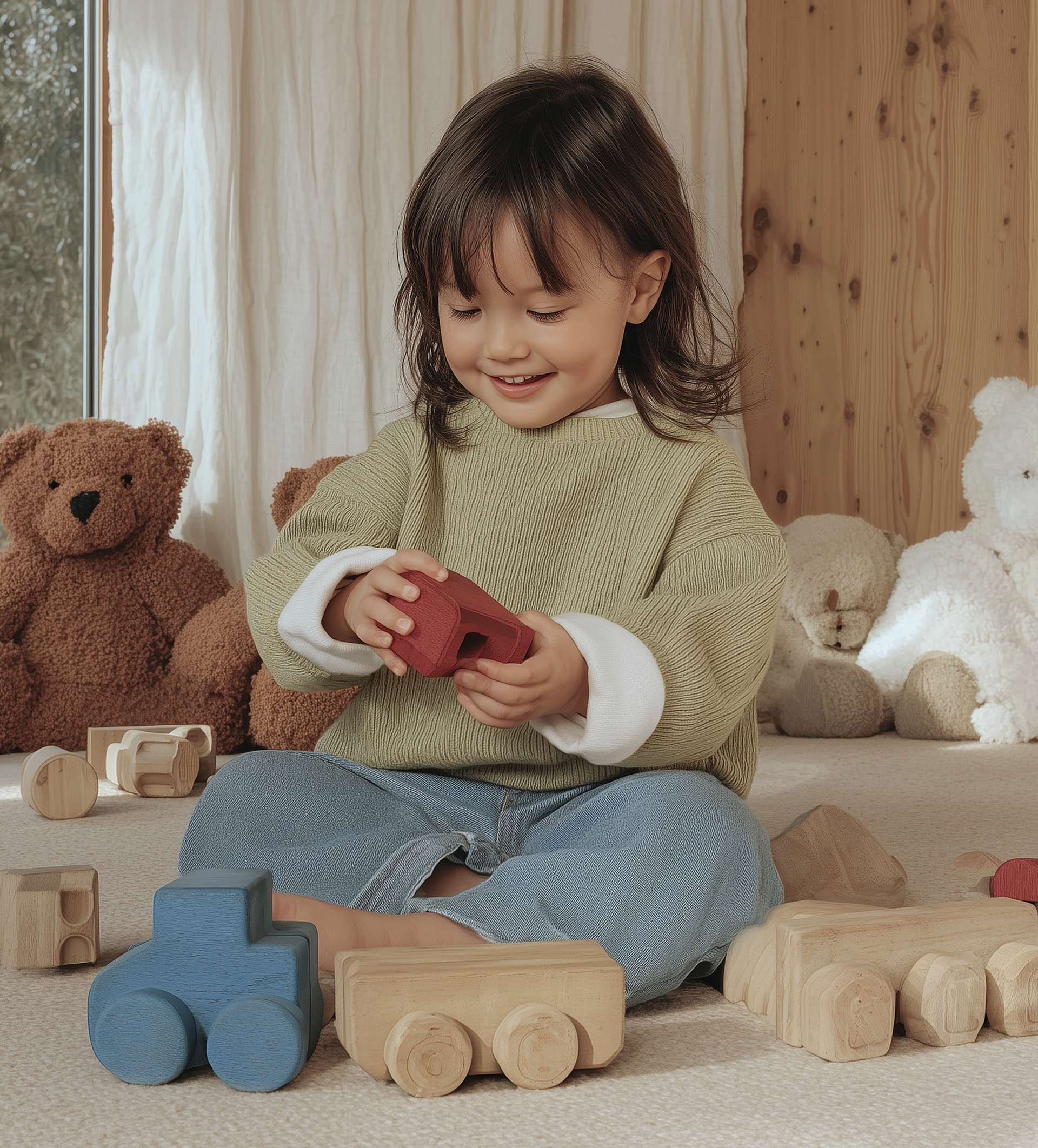Young child playing with wooden toys, smiling, surrounded by teddy bears.