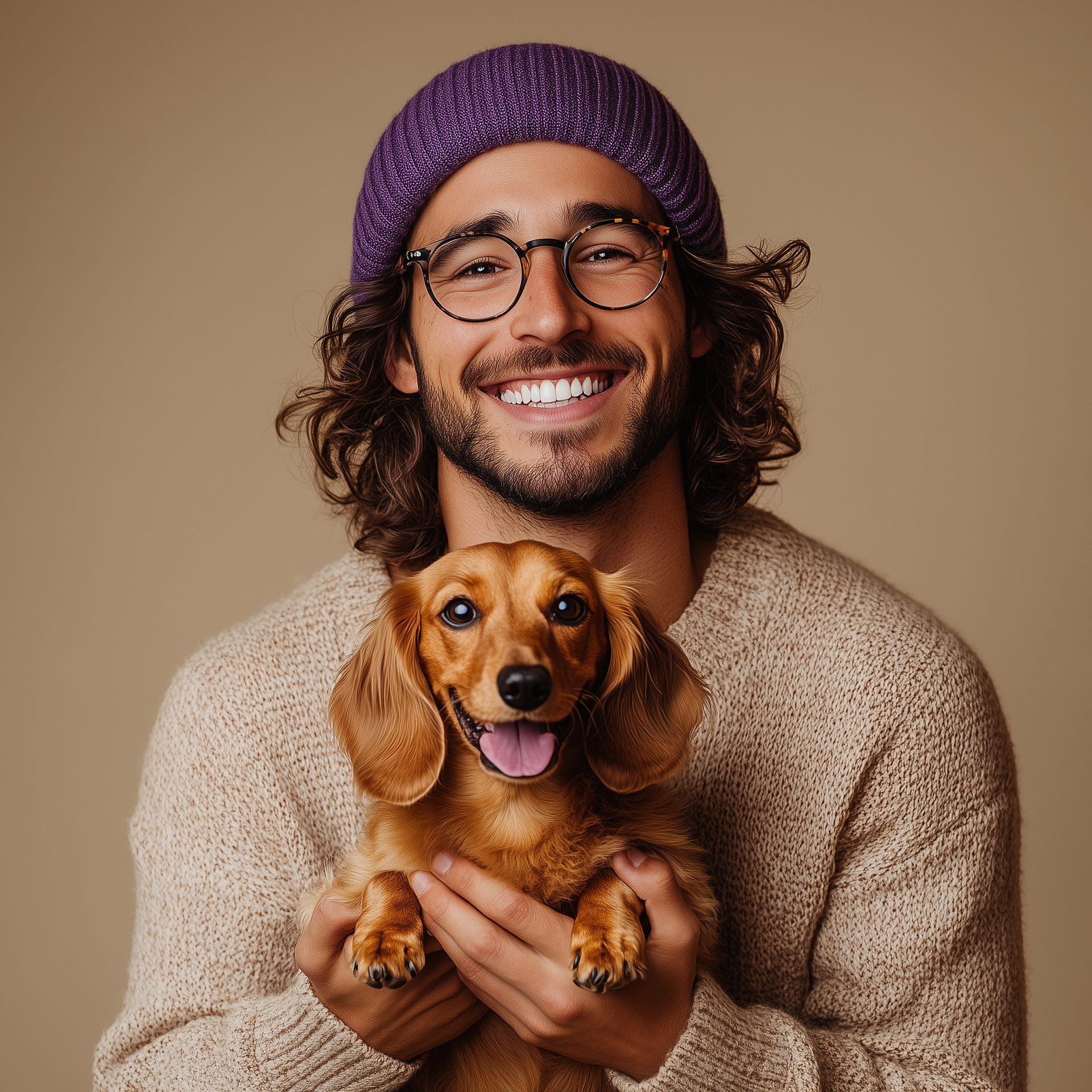A man is holding a dachshund in his arms and smiling.