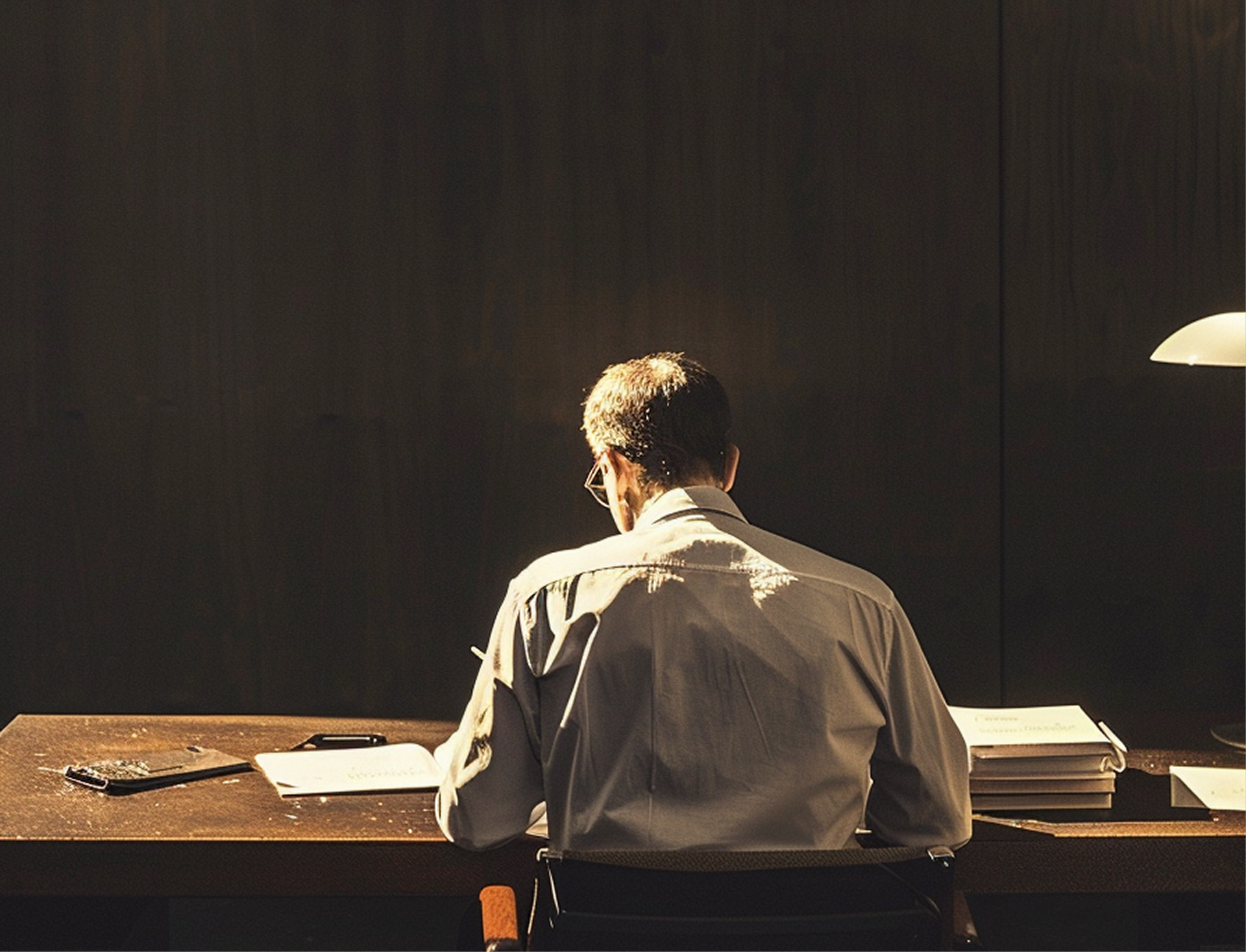 Person seated at a desk under a lamp, seen from behind in a dimly lit room