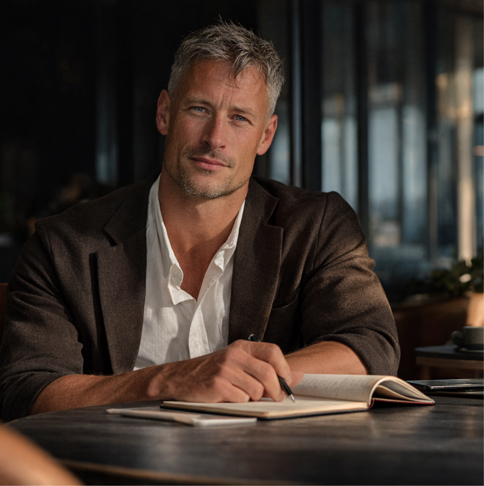 Man sitting at a desk, writing in an open notebook, in a dimly lit office.
