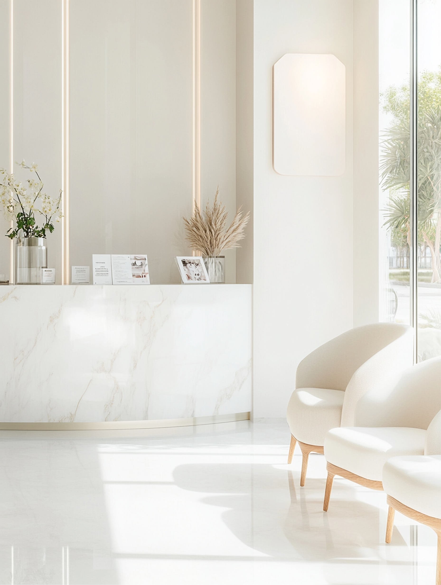 Elegant, white reception area with marble counter, two cream chairs, and natural light from a window.