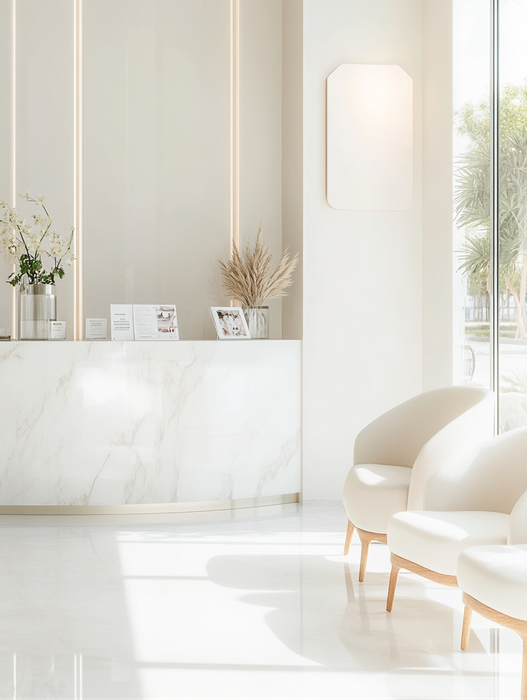 Reception area with marble counter, cream chairs, and natural light.