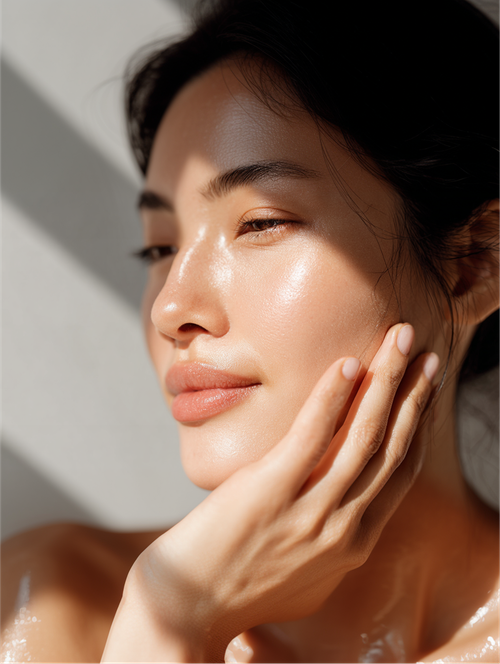 Close-up of a person resting a hand on their cheek in warm sunlight, with a calm expression