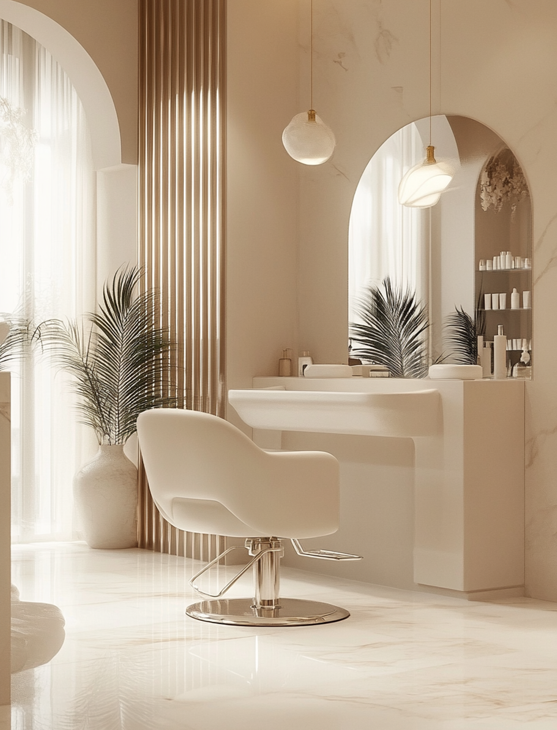 Elegant beige salon interior with arched mirrors, a styling chair, and soft natural light.