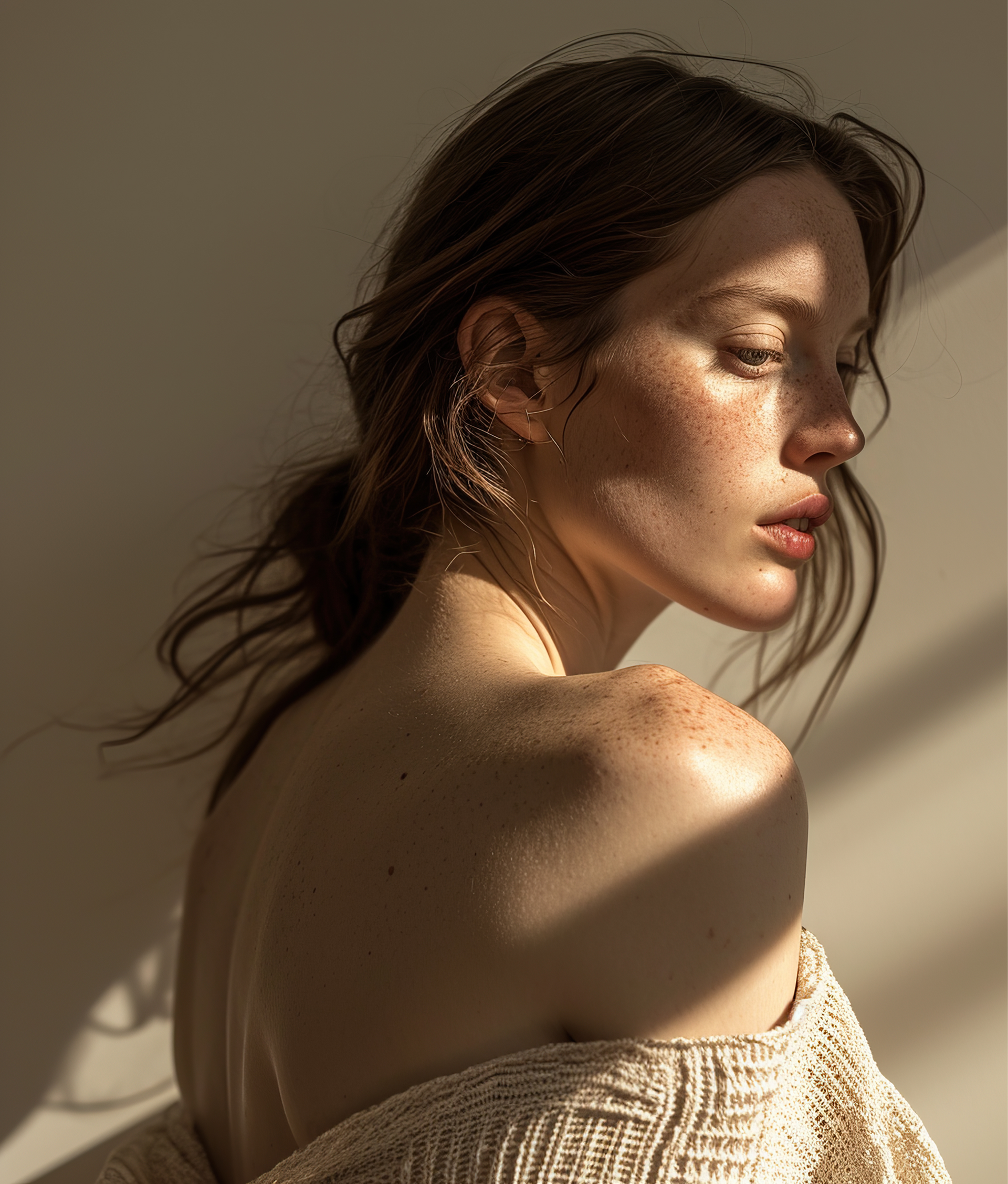 Woman in a cream sweater, lit by warm sunlight against a plain wall, looking over her shoulder.