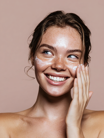 Smiling woman with wet hair applying cream to her cheek against a soft pink background