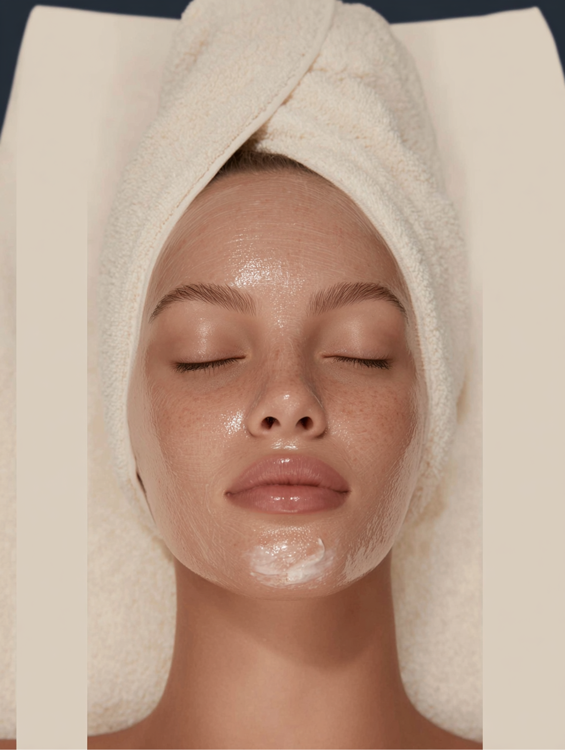 Woman with closed eyes wearing a towel wrap and a glossy facial mask, lying on a spa bed.